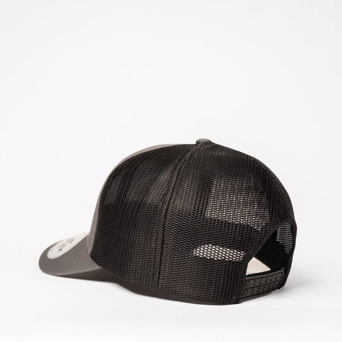 A black mesh trucker cap featuring a six-panel design and a branded logo on the front.