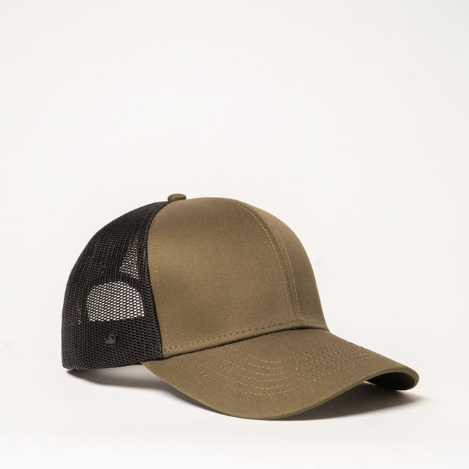 A khaki and black six-panel trucker cap with a mesh back and a logo on the side.