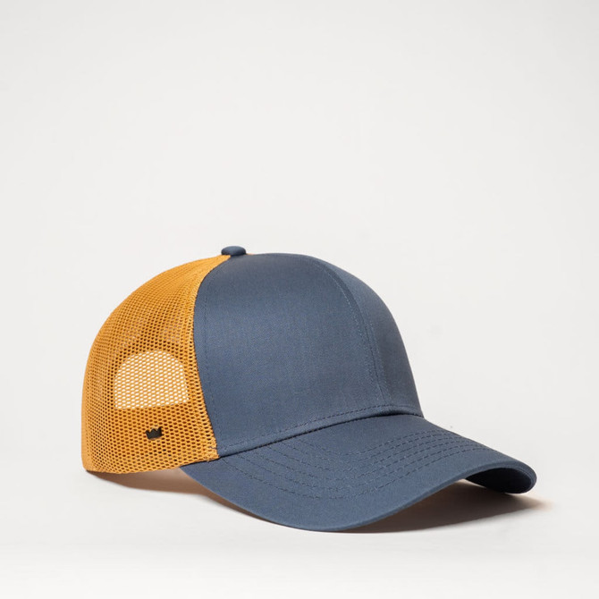 A blue and orange UFlex Classic Ultra-lite 6 Panel Trucker Cap with a mesh back and logo.