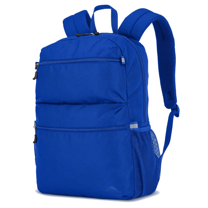 A blue backpack featuring multiple zippered compartments and mesh side pockets, with padded shoulder straps.