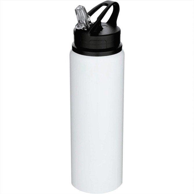 A drink bottle in white stainless steel with a black lid and spout, featuring a logo on the body.