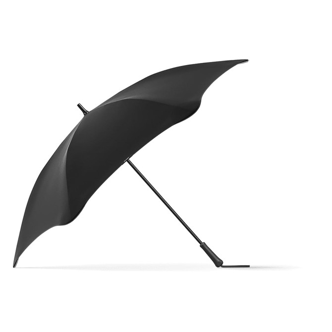 A black umbrella with a curved canopy and a sleek handle, featuring a logo on the canopy.