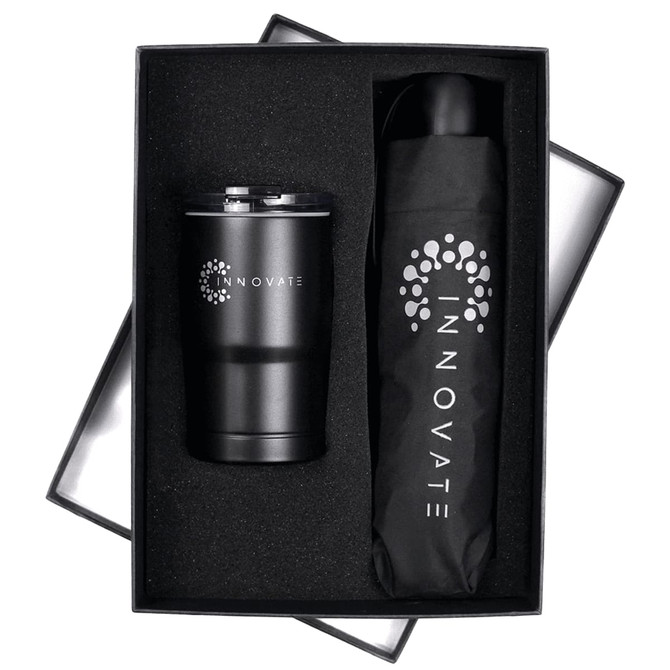 A black tumbler and an umbrella presented in a black gift box with a logo.