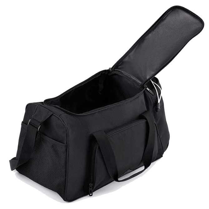 A black travel duffel bag with a top opening, featuring dual handles and a front zip pocket. It has a logo.