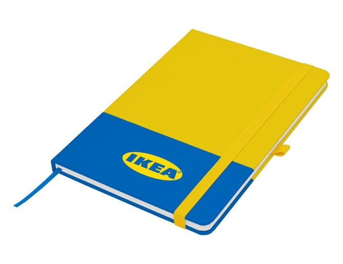 A blue and yellow A5 notebook with a logo and an elastic band closure. It features a ribbon bookmark.