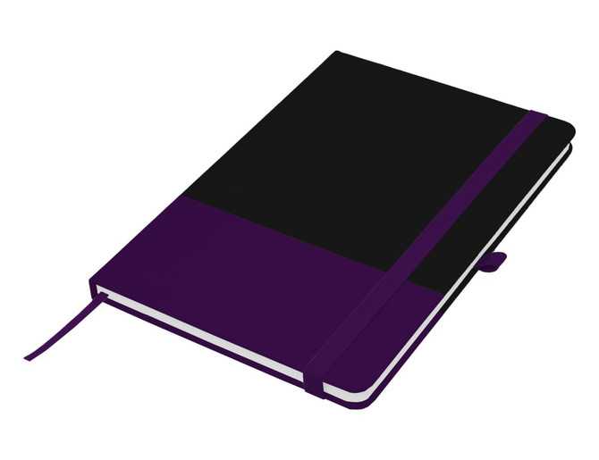 A purple and black A5 notebook with an elastic closure and a ribbon bookmark, featuring a logo on the cover.