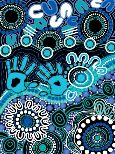 Pinboard/acoustic panel with Indigenous art with blue and teal handprints and circular patterns.