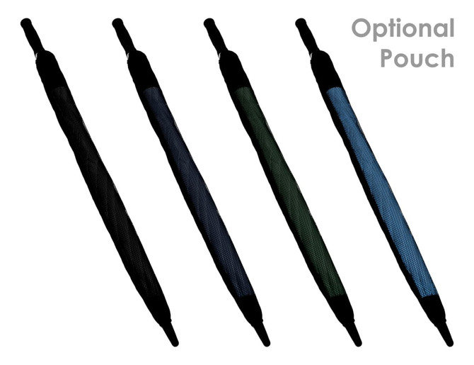 A set of four "Promo 30" Auto Golf Umbrellas in black, dark green, blue, and striped designs. Each umbrella features a handle and has a pouch option.