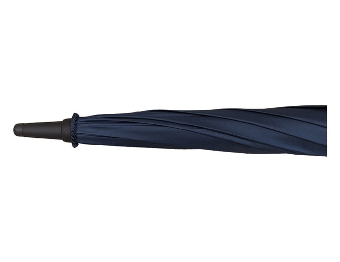 A navy blue auto golf umbrella featuring a curved handle and a textured shaft, with a logo on the fabric.