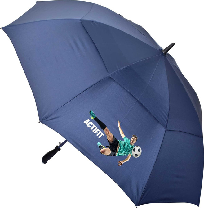 A navy blue golf umbrella featuring a player kicking a soccer ball and a logo.