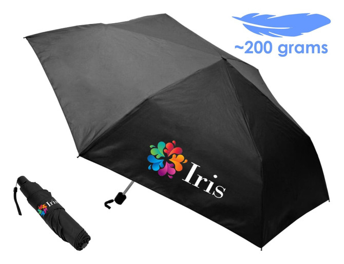 A black pocket umbrella with a floral logo and a compact design for easy storage. Weighs approximately 200 grams.