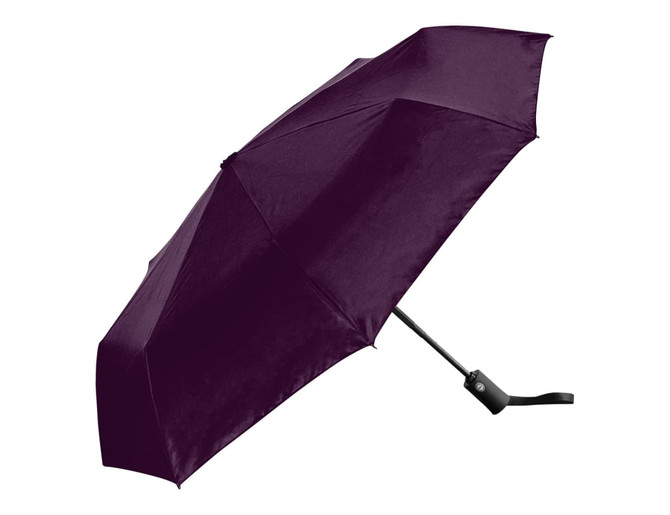 A fold-up umbrella in a rich dark purple colour with a black handle and a logo on the shaft.