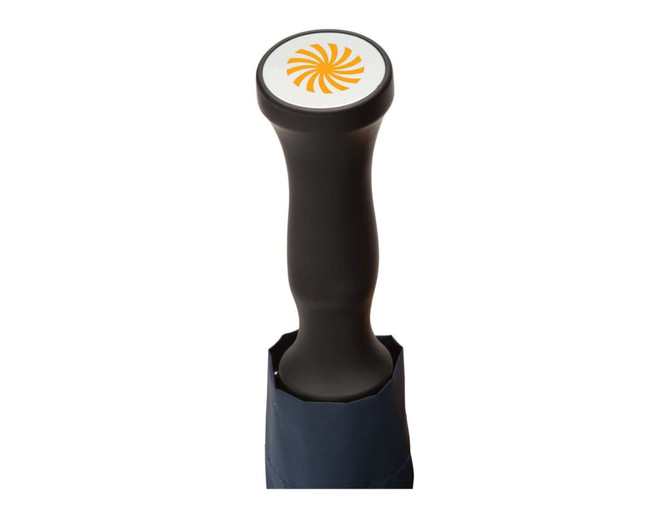 A navy blue golf umbrella with a black handle and a top featuring a swirl design. It includes a branding logo.