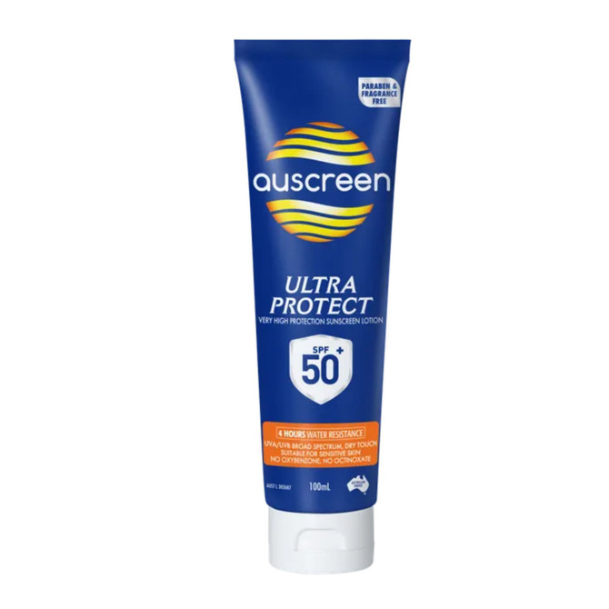Blue Tube with White cap Auscreen Sunscreen 100ml volume.