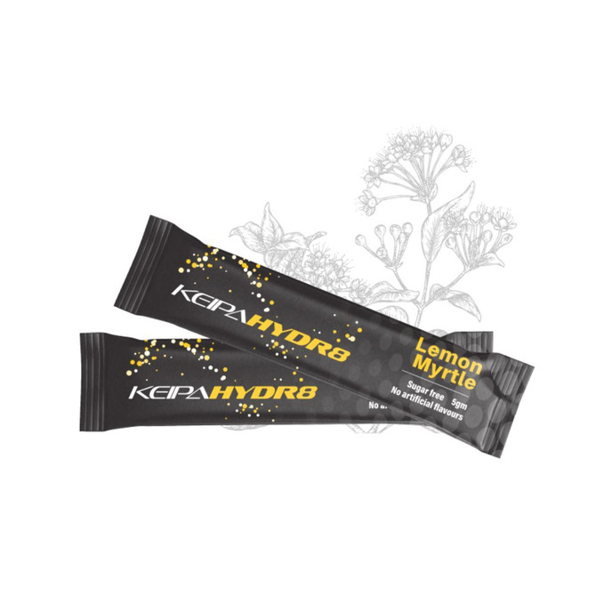 Keipa Hydr8 lemon myrtle electrolyte sticks, sugar-free hydration.