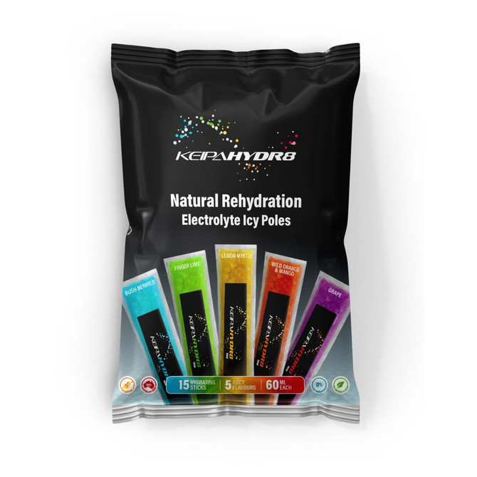 Keipahydr8 electrolyte icy poles, natural rehydration, assorted flavors, vibrant packaging.