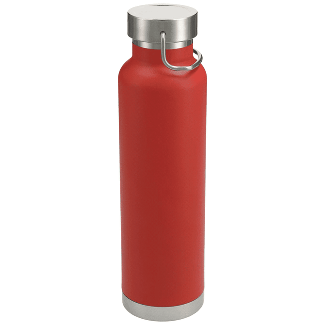 A drink bottle in vibrant red with a stainless steel lid and a silver base, featuring a carry handle.
