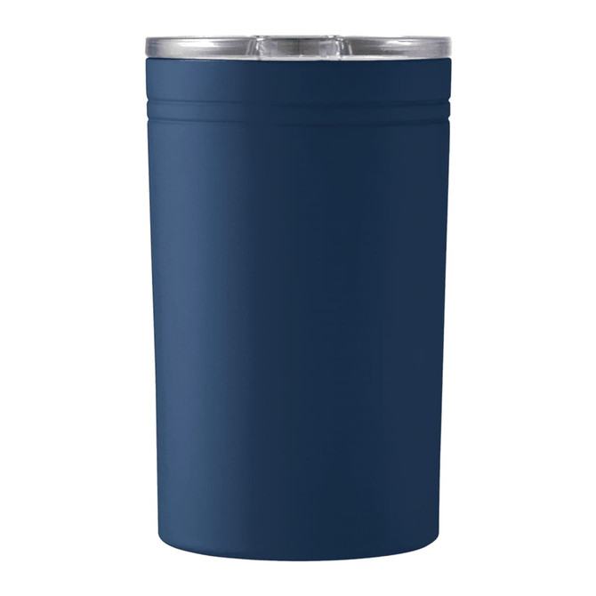 A drink bottle in navy blue, featuring a clear lid, designed for hot and cold beverages. It has a simple logo.