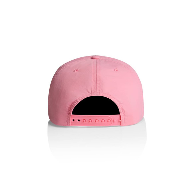 A pink cap with a snapback closure and a plain design, featuring a logo on the back.