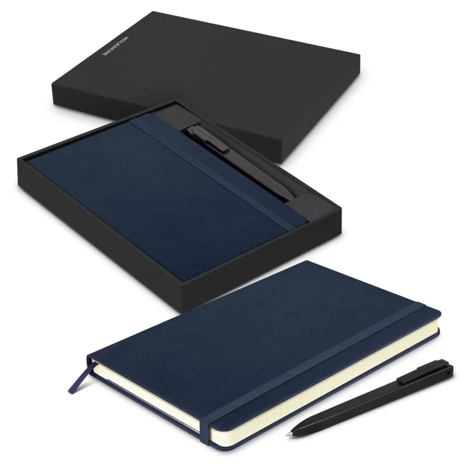 A navy Moleskine notebook and pen set in a black gift box, featuring a simple design and clean lines.