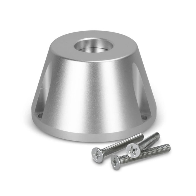 A silver lockable phone pouch with a circular base and four screws for attachment.
