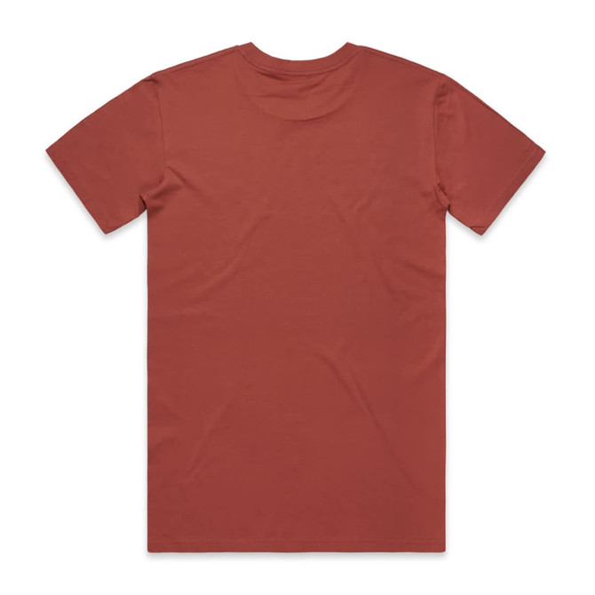A back view of a rust-coloured t-shirt featuring a logo. The fabric appears smooth and comfortable.