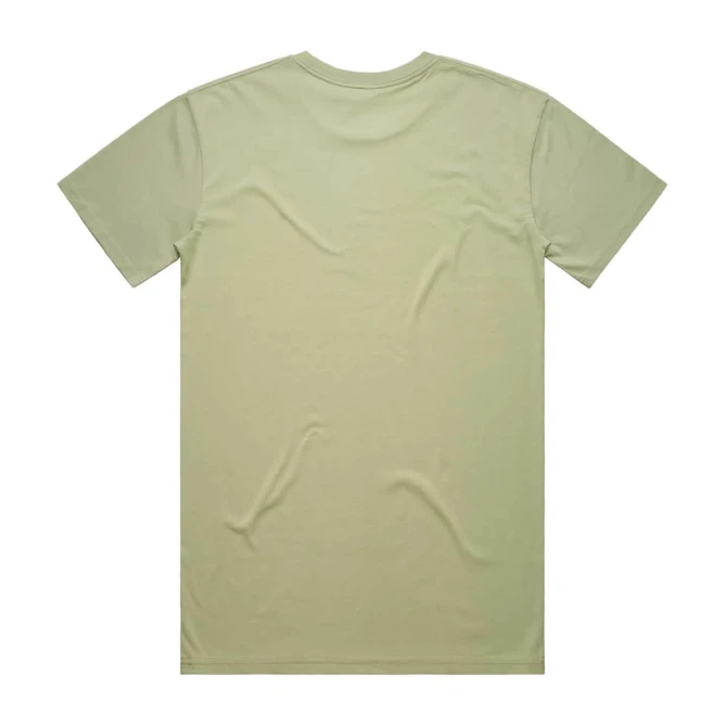 A light green t-shirt with a smooth texture, featuring a simple design and a logo on the back.