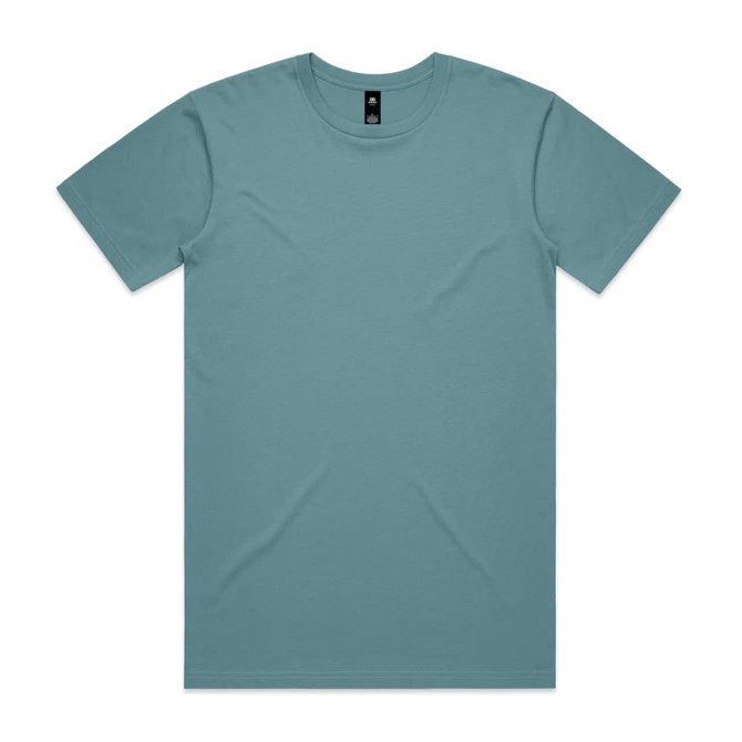 A teal T-shirt displayed flat, featuring short sleeves and a simple design. It has a logo on the label.