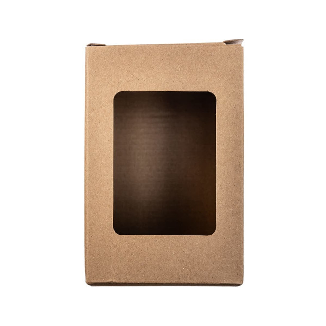 A product box with a clear window showcasing the contents inside. The box is made of brown cardboard.