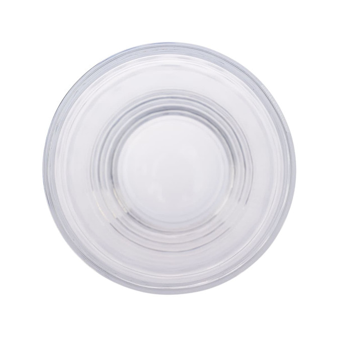 A reusable coffee cup with a clear body and a cork band around its middle.