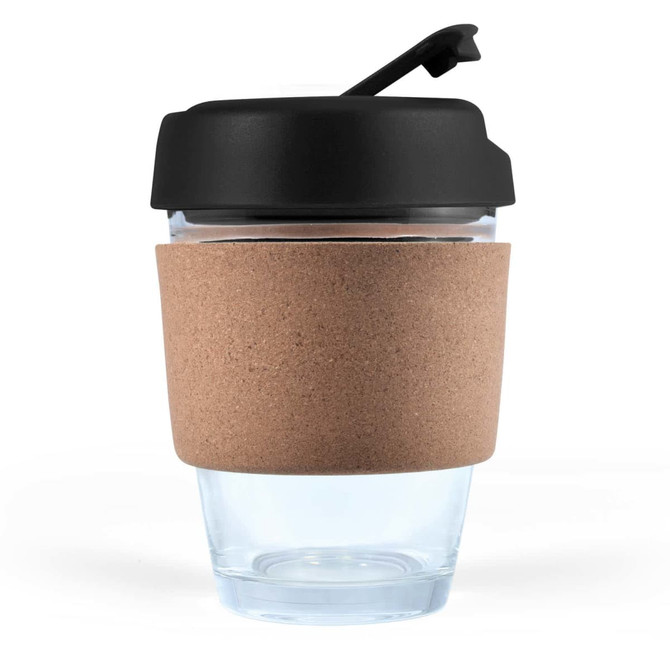 A reusable coffee cup with a clear body and a black lid, featuring a cork band for insulation.