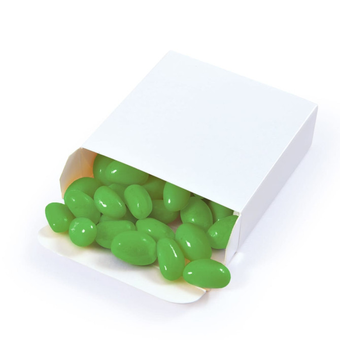 A box containing green jelly beans, with some spilling out. The box is plain white and features a logo.