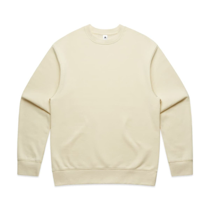 A beige jumper featuring a crew neck design and long sleeves, with a logo on the front.