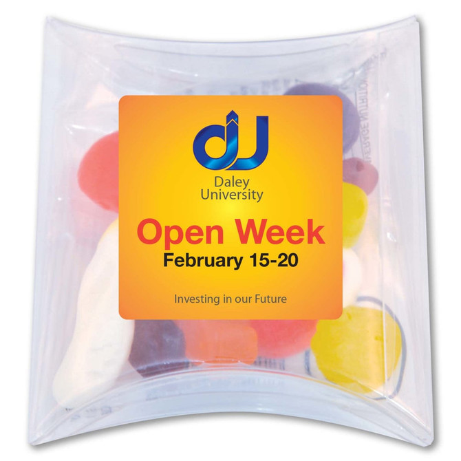 A pillow pack containing assorted jelly lollies in various colors, with a logo on the package.