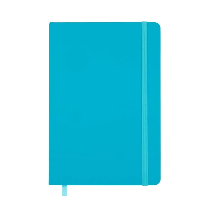A vibrant turquoise Venture A5 Notebook featuring a smooth cover and a matching elastic closure.