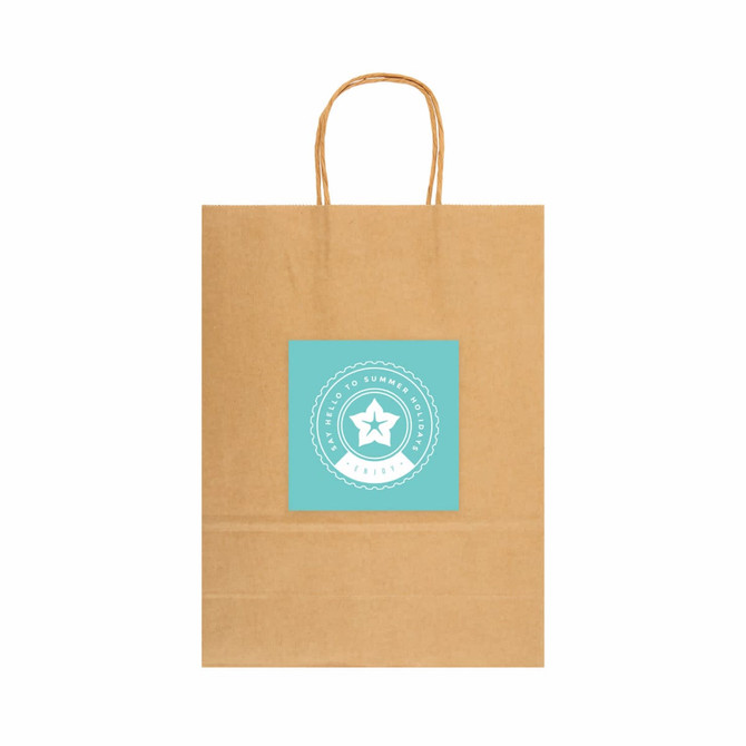 A large brown paper bag with a light blue logo in the centre and handles.
