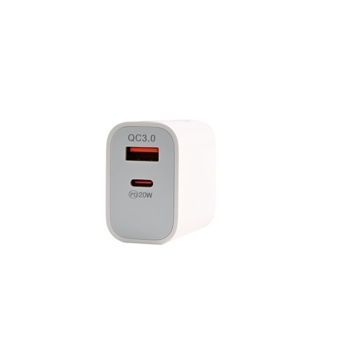 A white wall charger featuring a USB-A port and a USB-C port with a gray front.
