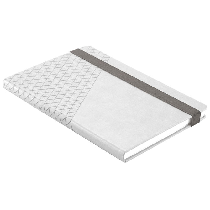 A grey and white notebook with a geometric design and an elastic band closure, featuring a logo on the cover.