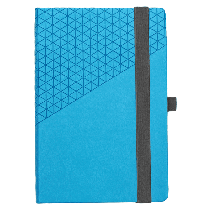 A blue Geo Notebook featuring a textured geometric design, secured with a grey elastic band.