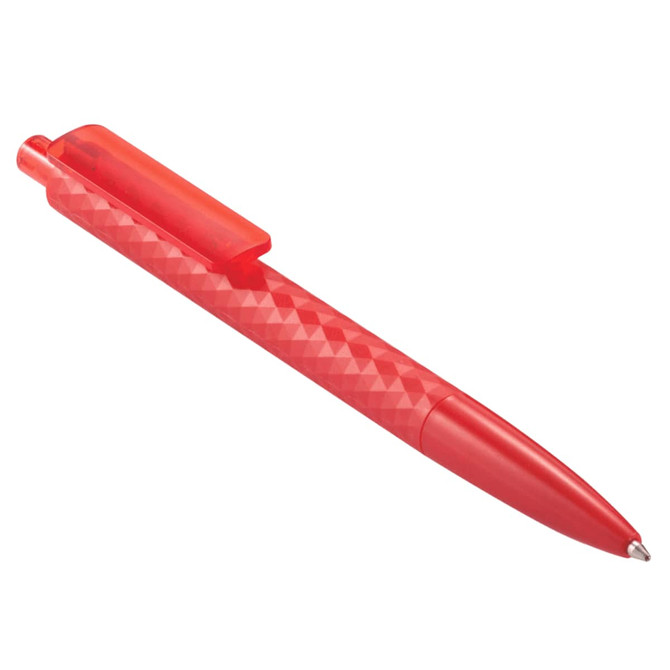 A geometric ballpoint pen in bright red with a textured design and a clip for easy carrying.