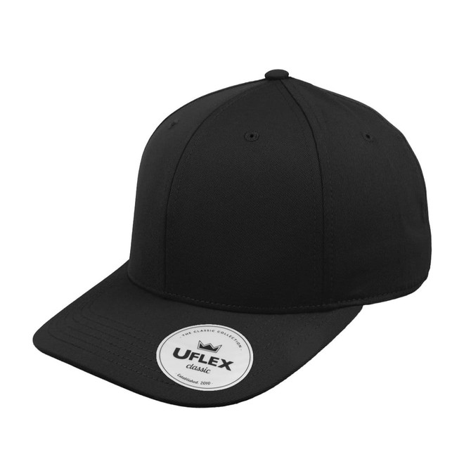A black Classic 6 Panel Cap with a curved brim and a logo on the front.