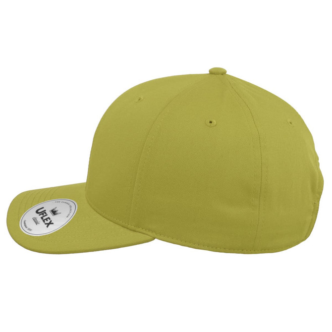 A classic six-panel cap in vibrant lime green with a curved brim and a branding label on the side.