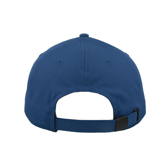 A classic six-panel cap in navy blue with an adjustable strap at the back and a logo on the side.