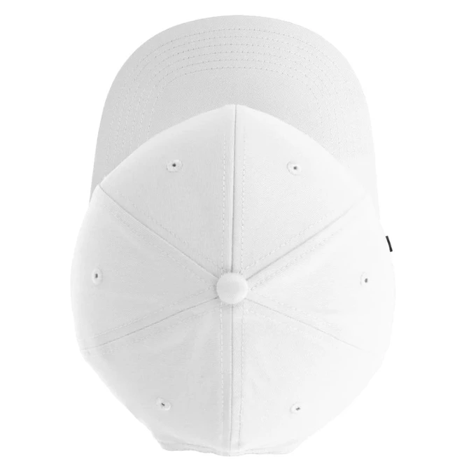 A white Classic 6 Panel Cap featuring a rounded crown and a straight brim, with a logo on the side.