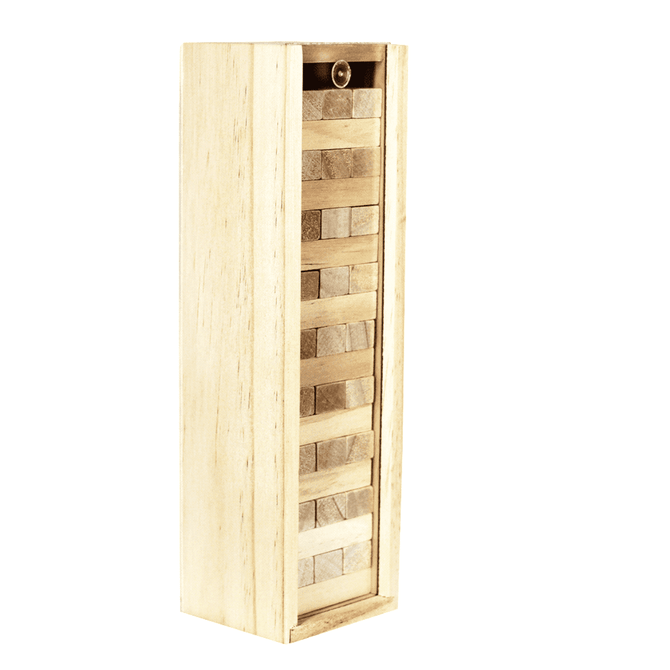 A wooden Tumbling Tower stacking game with various light and dark timber blocks neatly arranged in a rectangular storage box.