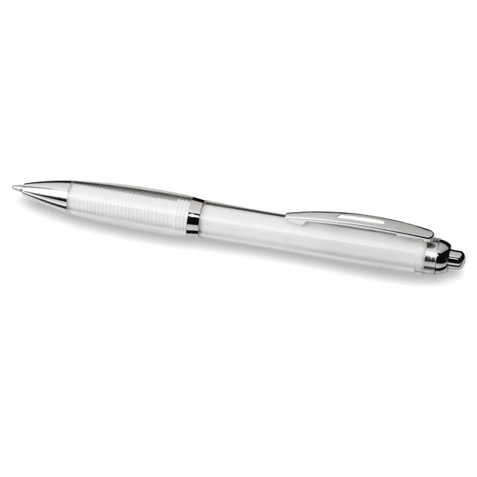 A ballpoint pen in white with silver accents and a textured grip, featuring a logo on the barrel.