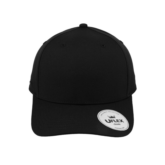 A black Classic 5 Panel Cap with a curved brim and a logo on the side.