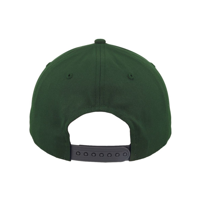 A green classic 5 panel cap featuring a snapback closure and a logo on the back.