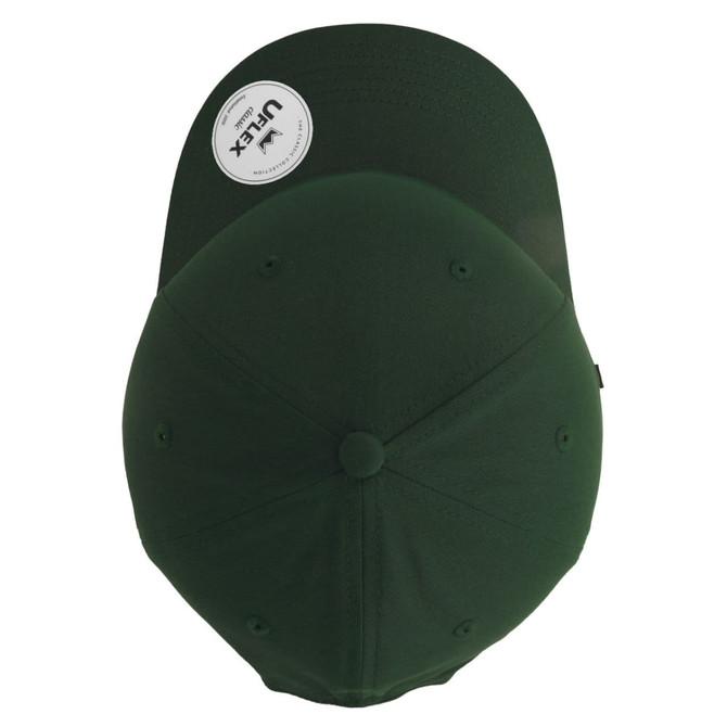 A green Classic 5 Panel Cap featuring a rounded top and a branded tag on the side.