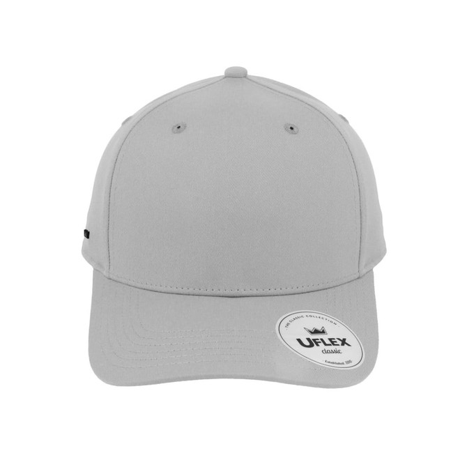 A grey classic 5 panel cap with a curved brim and a logo on the side.